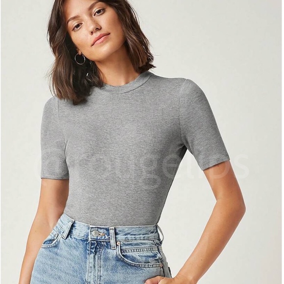 Grey Rib-Knit High Neck Short Sleeve Slim Fit Top Shirt - Picture 1 of 7